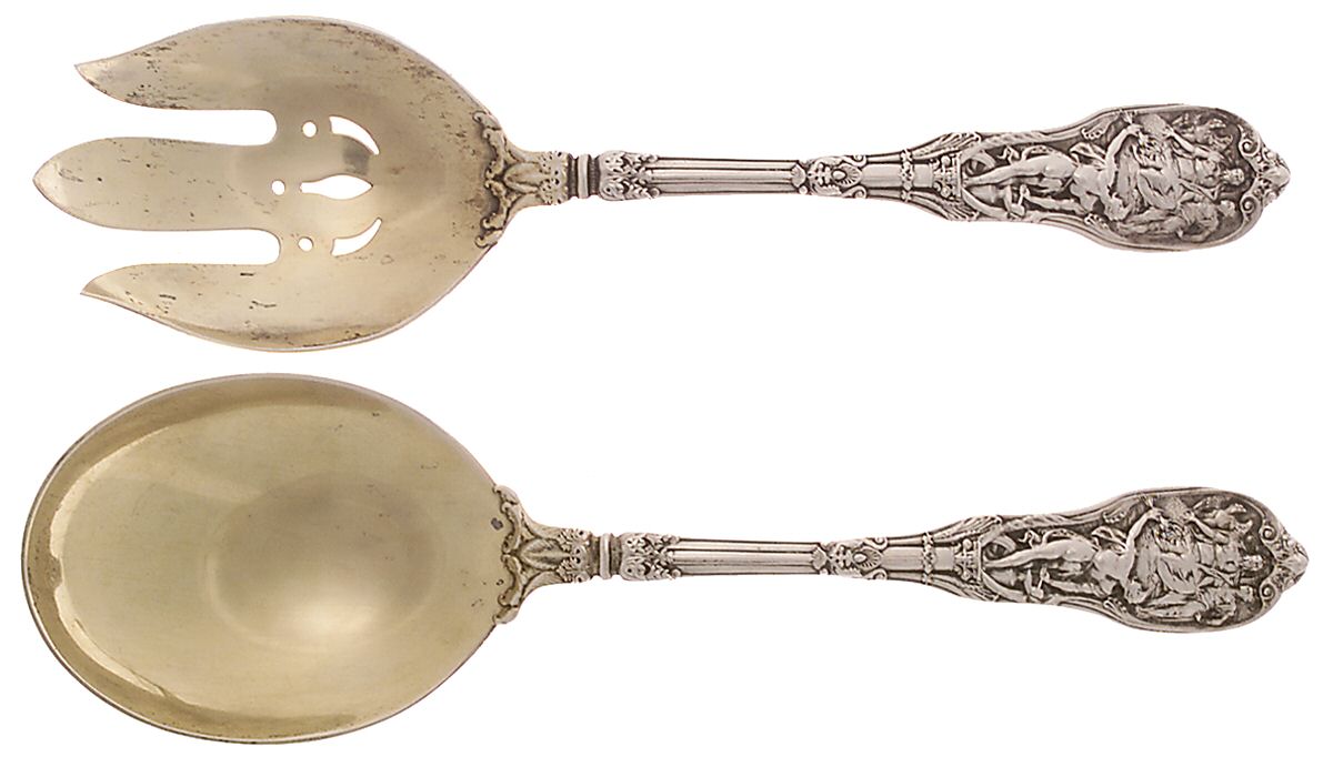 Mythologique (Sterling, 1894, Old, NoBeads, NoFaceBow) (2 Pc) Solid Salad Set by Gorham Silver-1