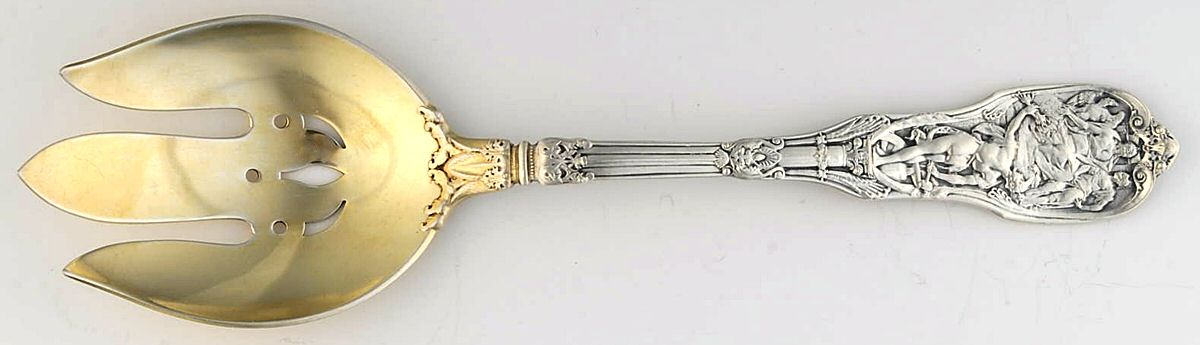 Mythologique (Sterling, 1894, Old, NoBeads, NoFaceBow) Solid Salad Serving Fork by Gorham Silver-1