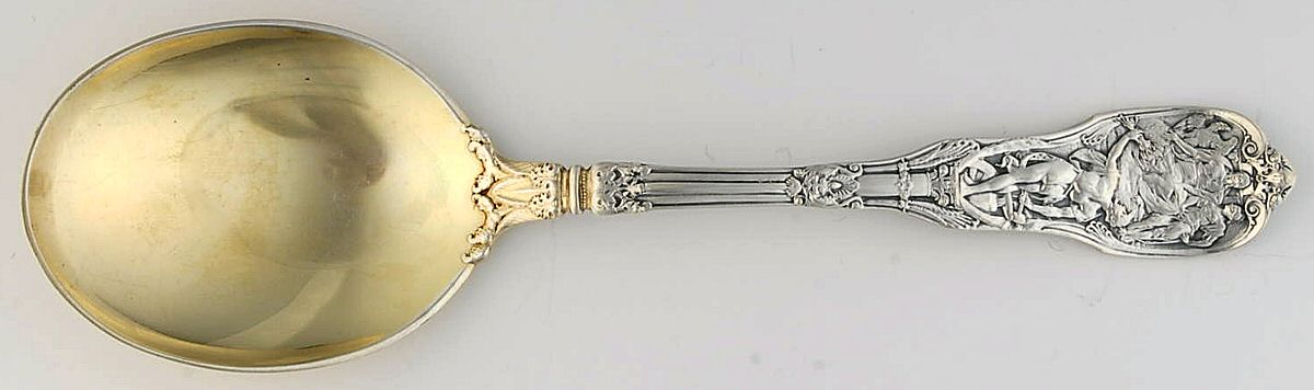 Mythologique (Sterling, 1894, Old, NoBeads, NoFaceBow) Solid Salad Serving Spoon by Gorham Silver-1