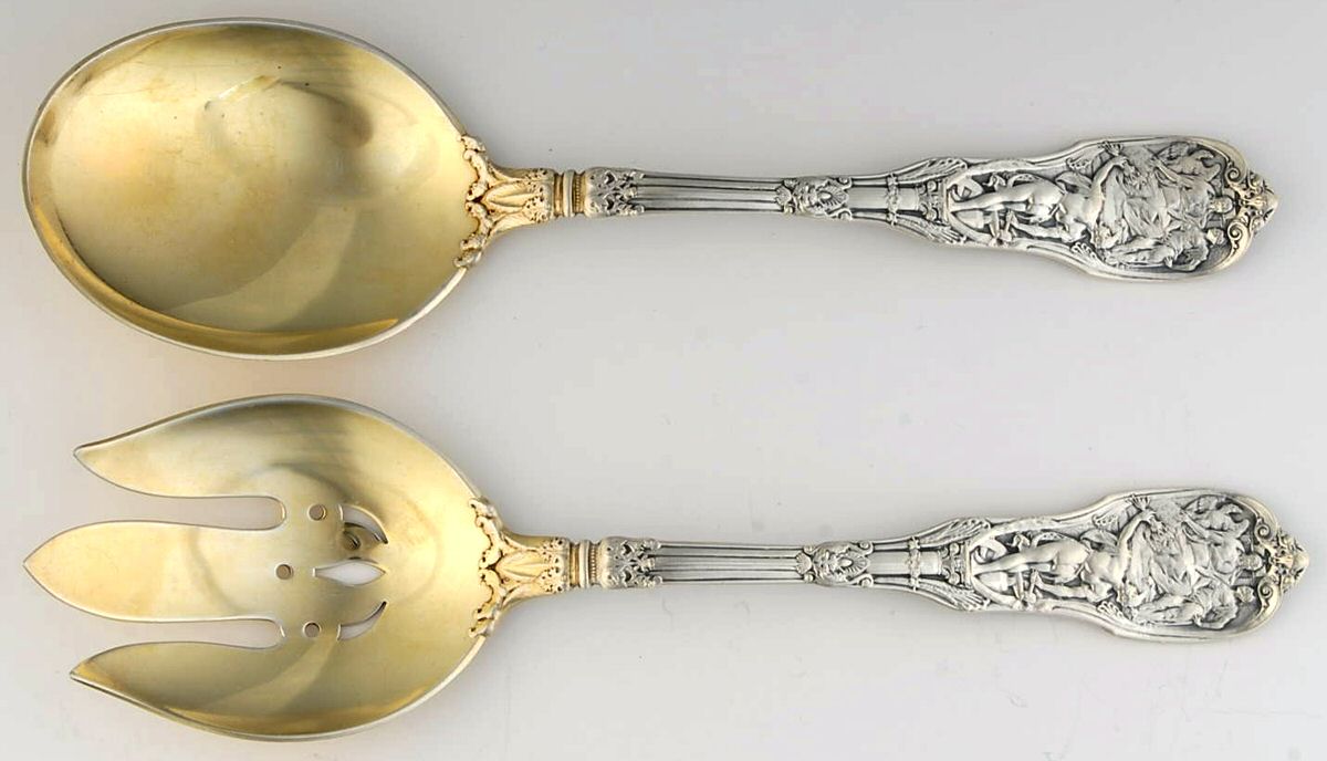 Mythologique (Sterling, 1894, Old, NoBeads, NoFaceBow) (2 Pc) Solid Salad Set by Gorham Silver-1