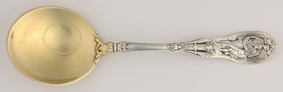 Mythologique (Sterling, 1894, Old, NoBeads, NoFaceBow) Round Bowl Soup Spoon (Cream Soup) by Gorham Silver-1