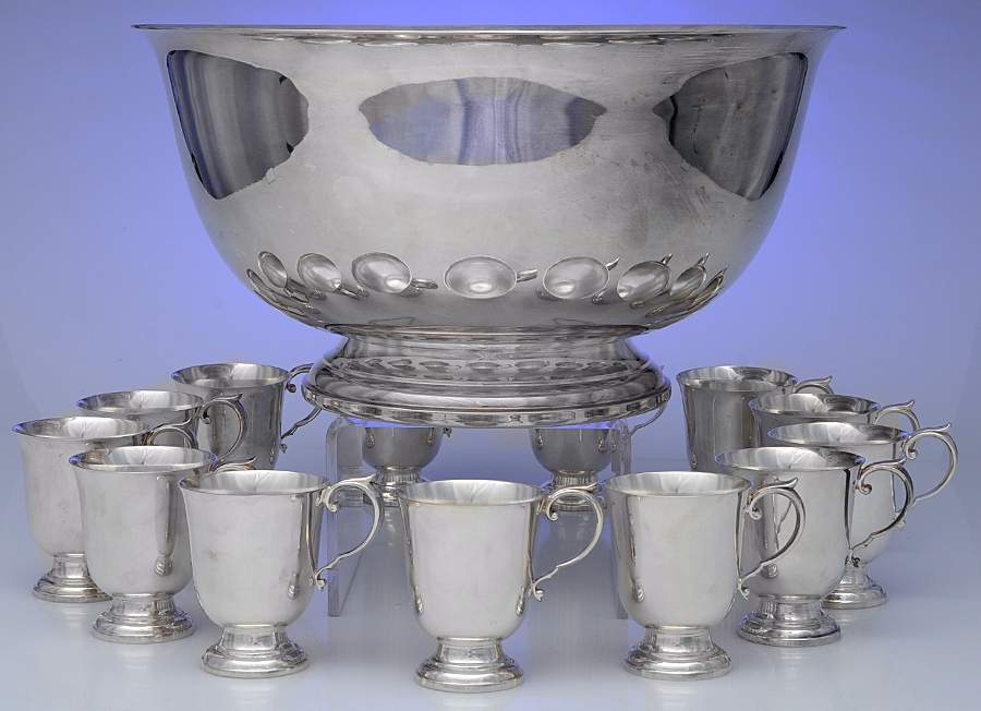 Paul Revere (Silverplate, Hollowware) Punch Set (Bowl and 12 Cups) by Gorham Silver-1