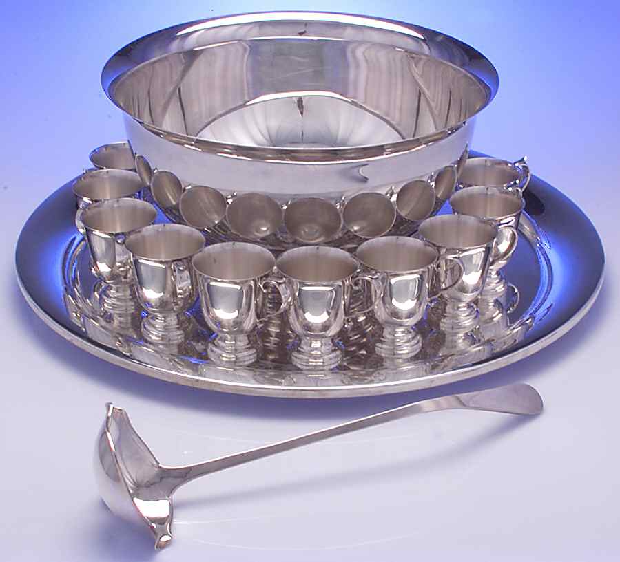 Paul Revere (Silverplate, Hollowware) Punch Set (Bowl,  12 Cups, Tray and Ladle) by Gorham Silver-1