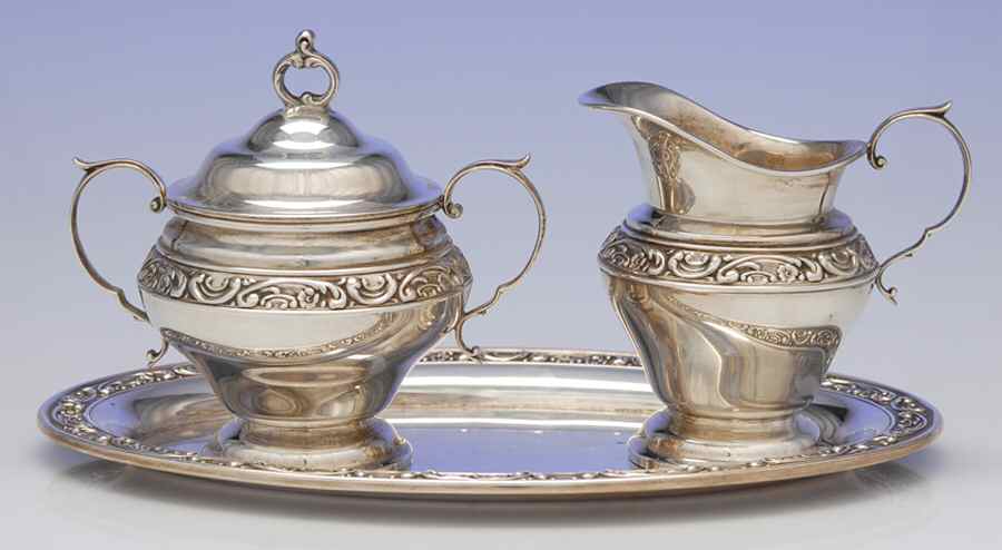Rose Scroll (Sterling, Hollowware) Mini Creamer, Covered Sugar & Tray Set by Gorham Silver-1