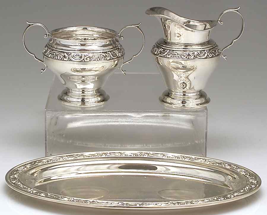 Rose Scroll (Sterling, Hollowware) Creamer, Open Sugar & Tray Set by Gorham Silver-1