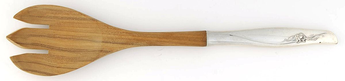 Sea Rose (Sterling, 1958, No Monograms) Salad Serving Fork with Wooden Prongs by Gorham Silver-1