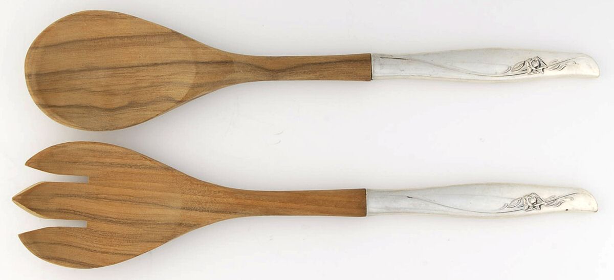 Sea Rose (Sterling, 1958, No Monograms) Wooden Bowl 2-Piece Salad Set by Gorham Silver-1