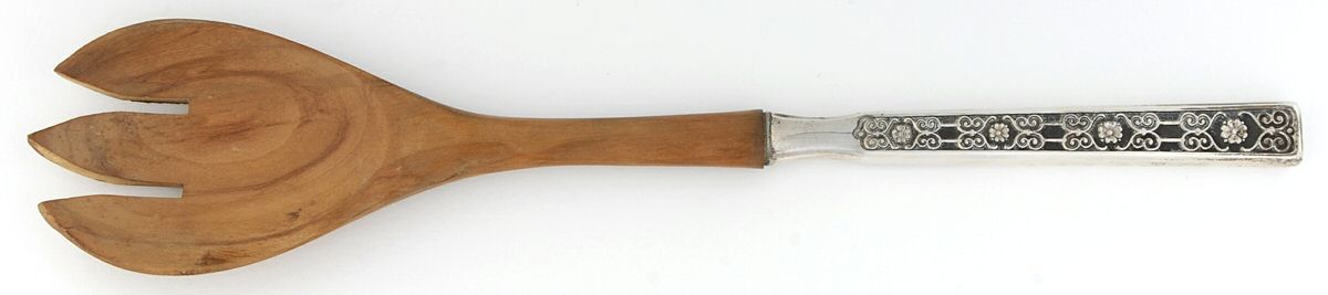 Spanish Tracery (Sterling, 1970) Salad Serving Fork with Wooden Prongs by Gorham Silver-1