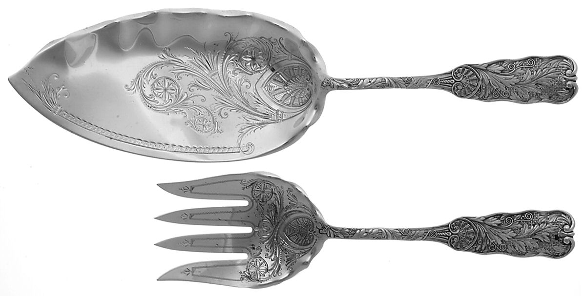 St. Cloud (Sterling, 1885) Large Solid, Bright Cut Fish Serving Set by Gorham Silver-1