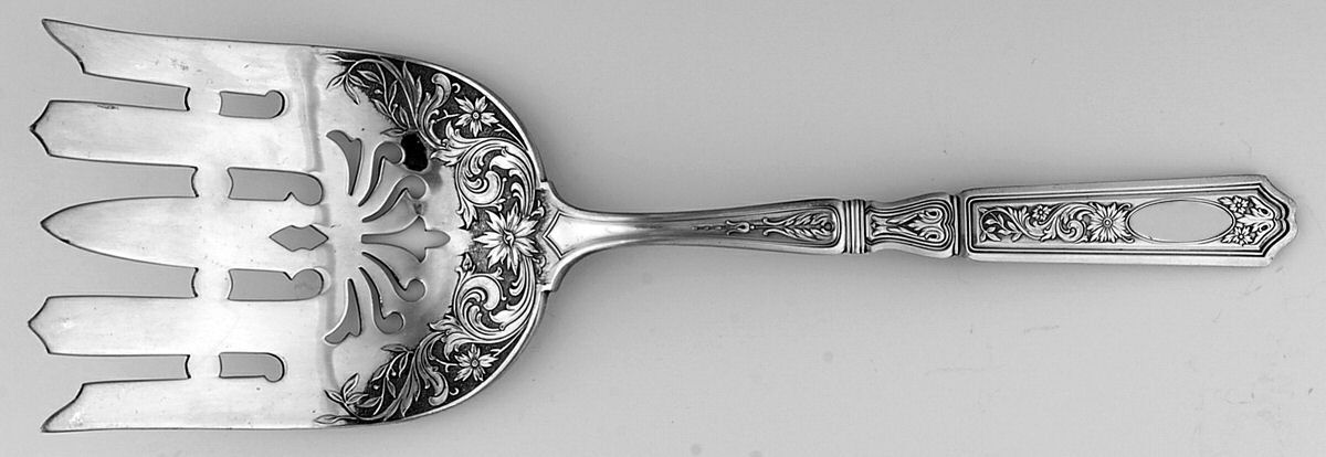 St. Dunstan Chased (Sterling, 1917) Large Solid Serving Asparagus Fork 5 Prong by Gorham Silver-1