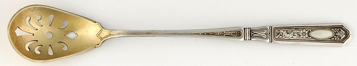 St. Dunstan Chased (Sterling, 1917) Pierced Bowl Short Handle Olive Spoon by Gorham Silver-1