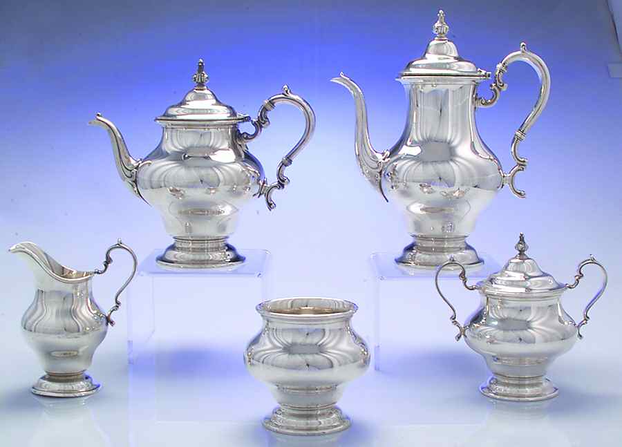 Victorian-Plain (Sterling, Hollowware) 5 Piece Tea Set (SCP, STP, SCR, SSU, SWB) by Gorham Silver-1