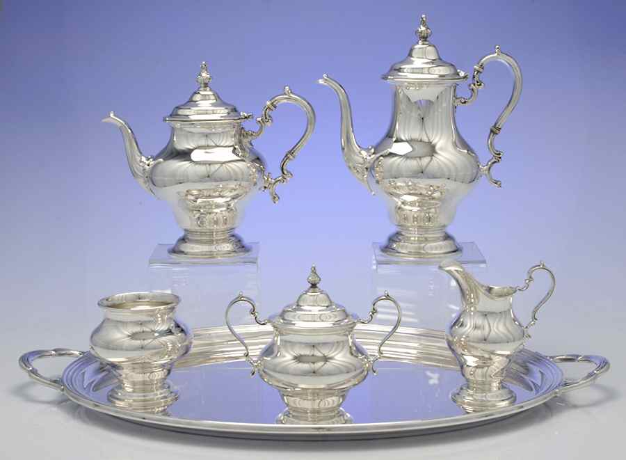Victorian-Plain (Sterling, Hollowware) 6 Piece Tea Set (SCP, STP, SCR, SSU, SWB, WT21) by Gorham Silver-1