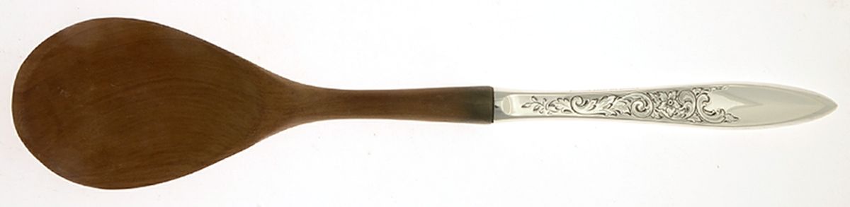 White Paisley (Sterling, 1966) Salad Serving Spoon with Wooden Bowl by Gorham Silver-1