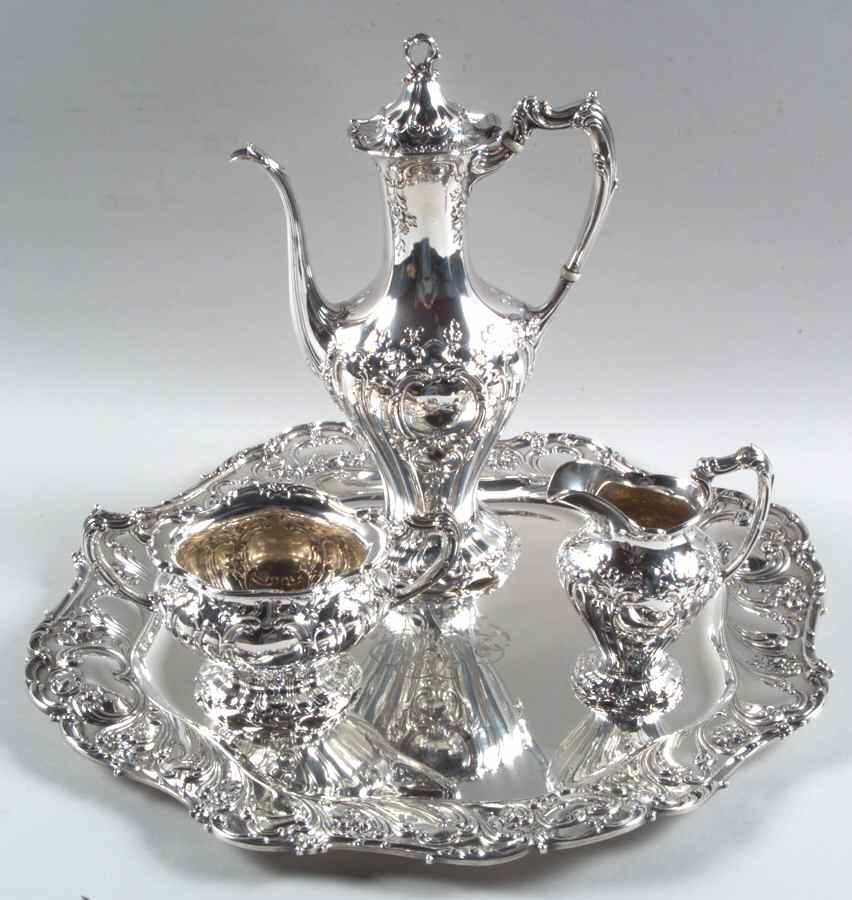Chantilly-Grand (Sterling Hollowware) 4 Piece Demi Set with CR, SU and Round Tray by Gorham Silver-1