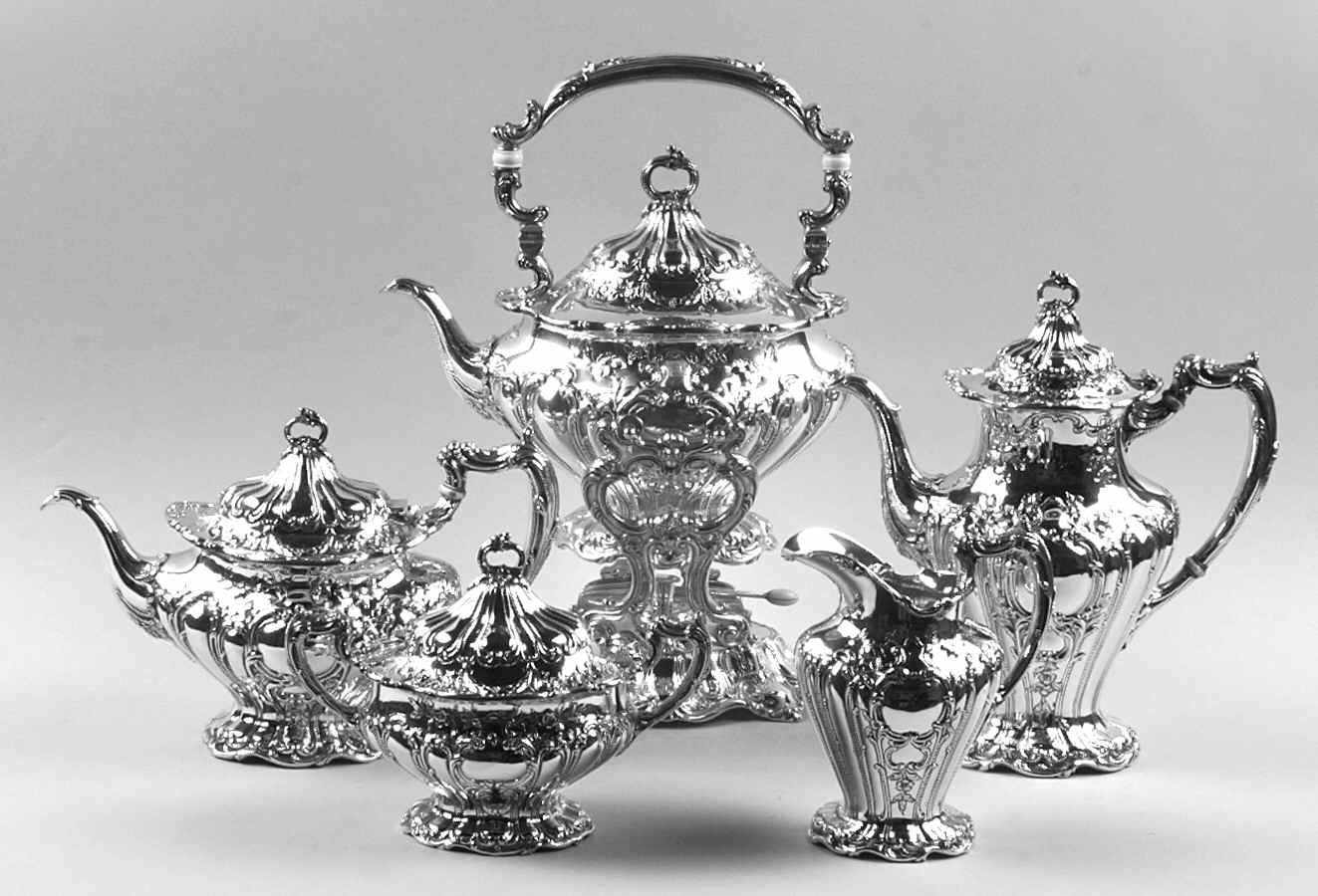 Chantilly-Grand (Sterling Hollowware) 5 Piece Tea Set (SCP, STP, SCR, SSU, SKES) by Gorham Silver-1