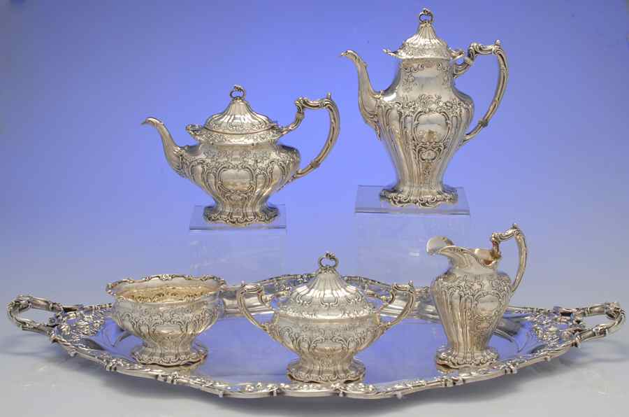 Chantilly-Grand (Sterling Hollowware) 6 Piece Tea Set (CP4, TP4, CR4, SU4, WB4, WTL) by Gorham Silver-1