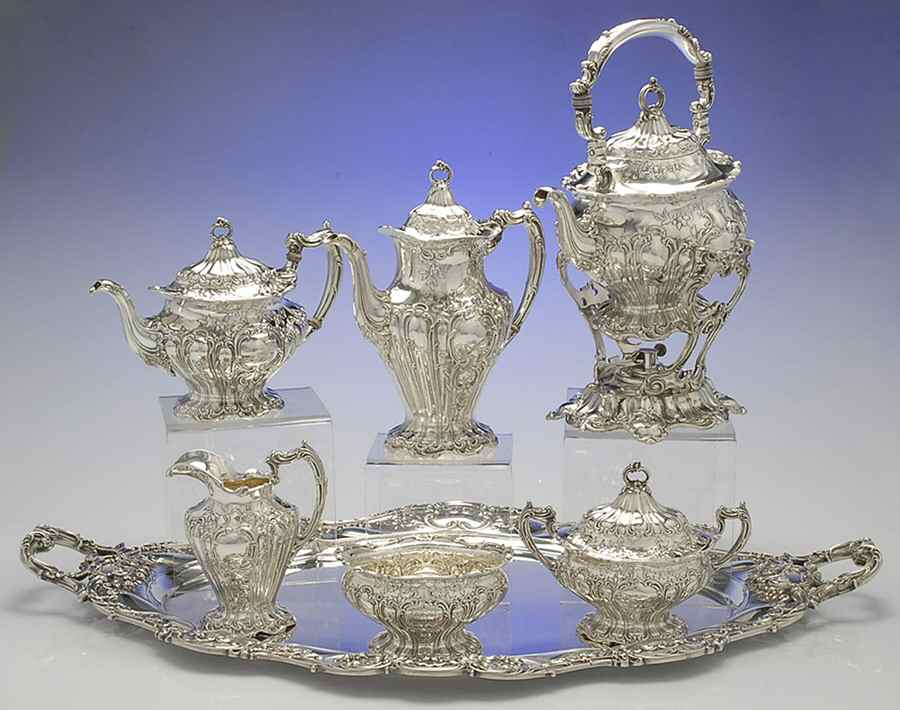 Chantilly-Grand (Sterling Hollowware) 7 Piece Tea Set (CP1, TP1, CR1, SU1, WB1, KES1, WT25M1) by Gorham Silver-1