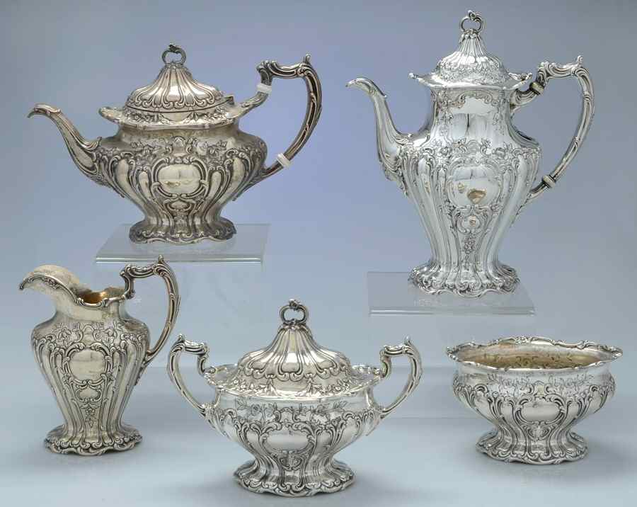 Chantilly-Grand (Sterling Hollowware) 5 Piece Tea Set (SCP, STP, SCR, SSU, SWB) by Gorham Silver-1