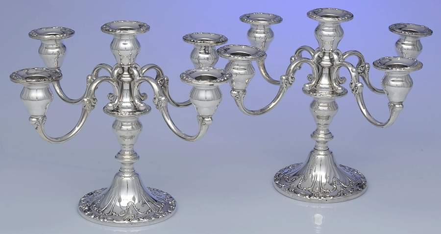 Chantilly-Duchess (Sterling Hollowware) Pair of Weighted 5 Light Candelabra by Gorham Silver-1