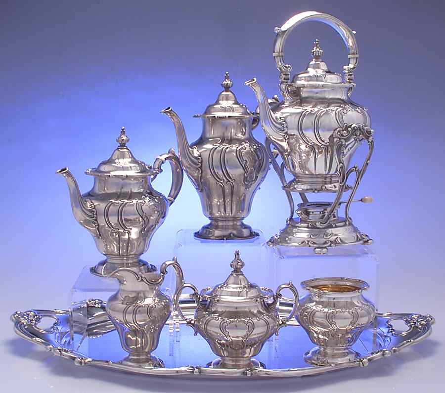 Chantilly-Duchess (Sterling Hollowware) 7 Piece Tea Set (SCP, STP, SCR, SSU, SWB, SKES & WTL) by Gorham Silver-1