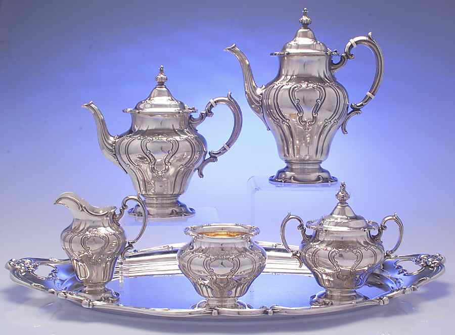 Chantilly-Duchess (Sterling Hollowware) 6 Piece Tea Set (SCP, STP, SCR, SSU, SWB, WTL) by Gorham Silver-1
