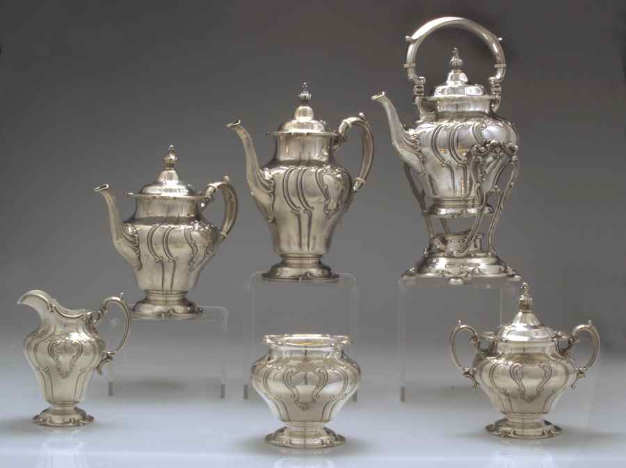 Chantilly-Duchess (Sterling Hollowware) 6 Piece Tea Set (SCP, STP, SCR, SSU, SWB, SKES) by Gorham Silver-1