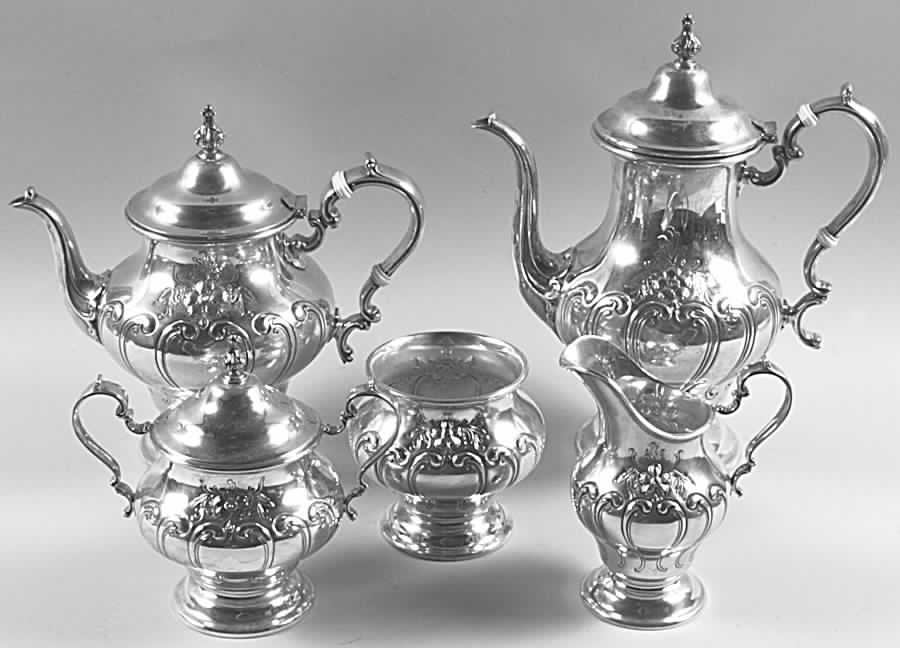 Chantilly-Countess (Sterling Hollowware) 5 Piece Tea Set (SCP, STP, SCR, SSU, SWB) by Gorham Silver-1