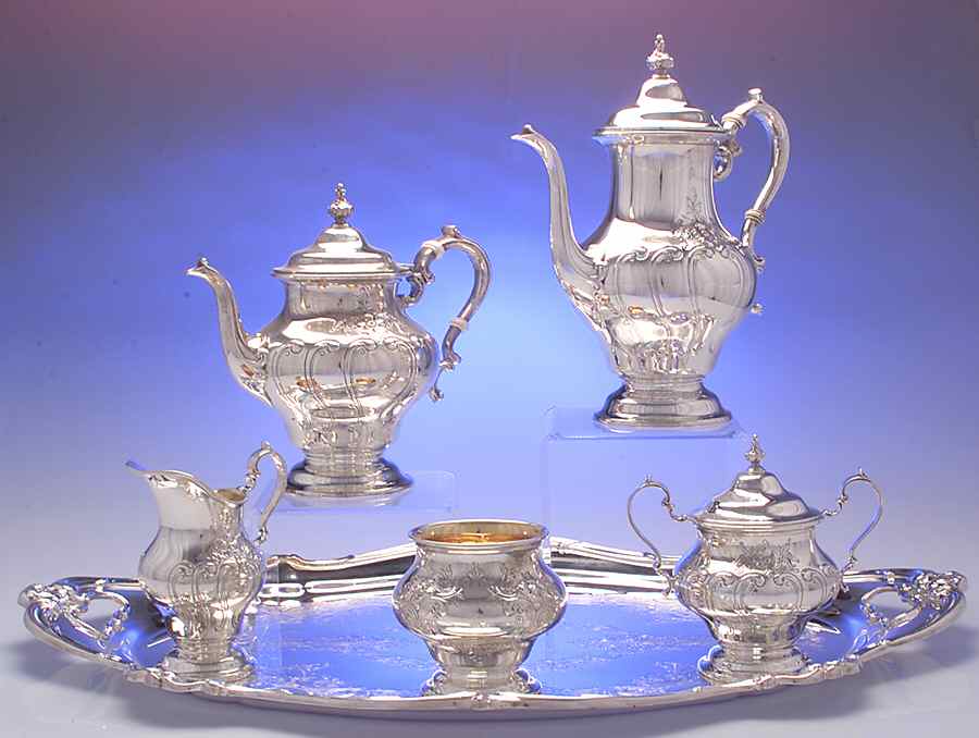 Chantilly-Countess (Sterling Hollowware) 6 Piece Tea Set (SCP, STP, SCR, SSU, SWB, PWT) by Gorham Silver-1