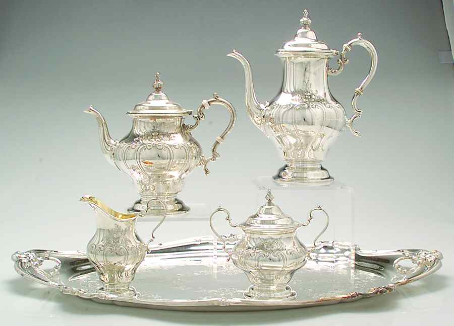 Chantilly-Countess (Sterling Hollowware) 4 Piece Tea Set with Plated Tray by Gorham Silver-1