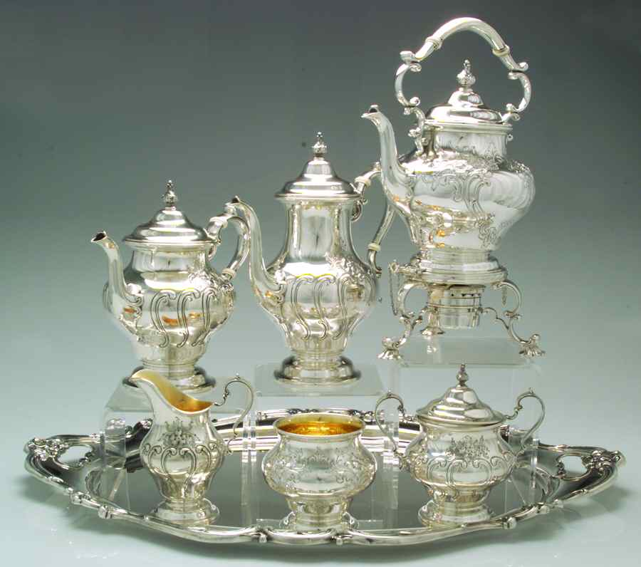 Chantilly-Countess (Sterling Hollowware) 6 Piece Tea Set (SCP, STP, SCR, SSU, SWB, SKES) by Gorham Silver-1
