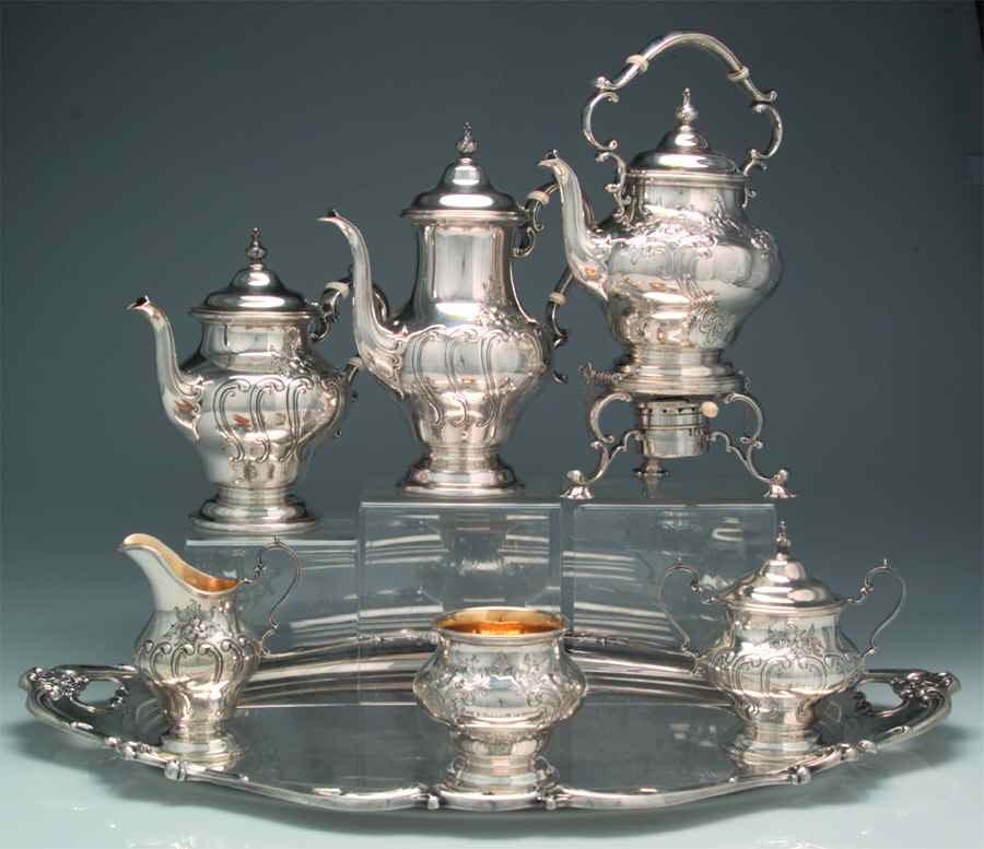 Chantilly-Countess (Sterling Hollowware) 7 Piece Tea Set (SCP, STP, SCR, SSU, SWB, SKES & WTL) by Gorham Silver-1
