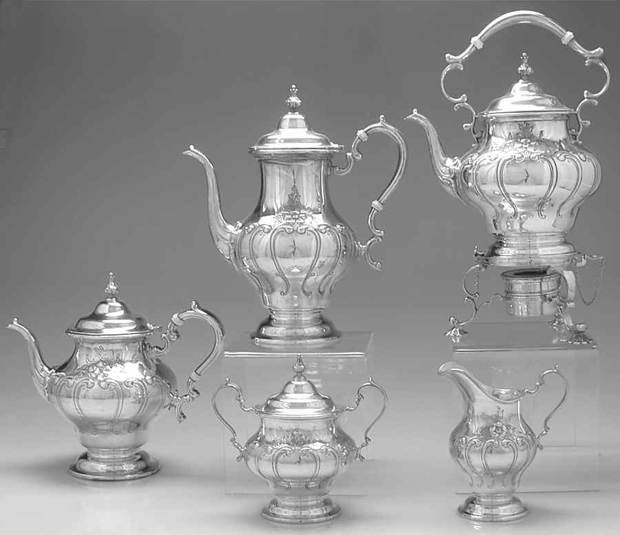 Chantilly-Countess (Sterling Hollowware) 5 Piece Tea Set (SCP, STP, SCR, SSU, SKES) by Gorham Silver-1