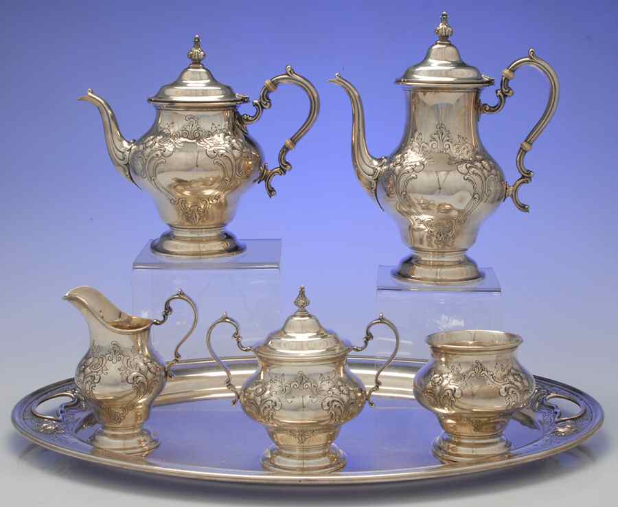 Chantilly-Countess (Sterling Hollowware) 6 Piece Tea Set (SCP, STP, SCR, SSU, SWB, WTL) by Gorham Silver-1