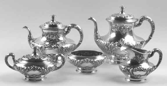 Buttercup-Large (Sterling, Hollowware) 5 Piece Tea Set (SCP, STP, SCR, SSU, SWB) by Gorham Silver-1
