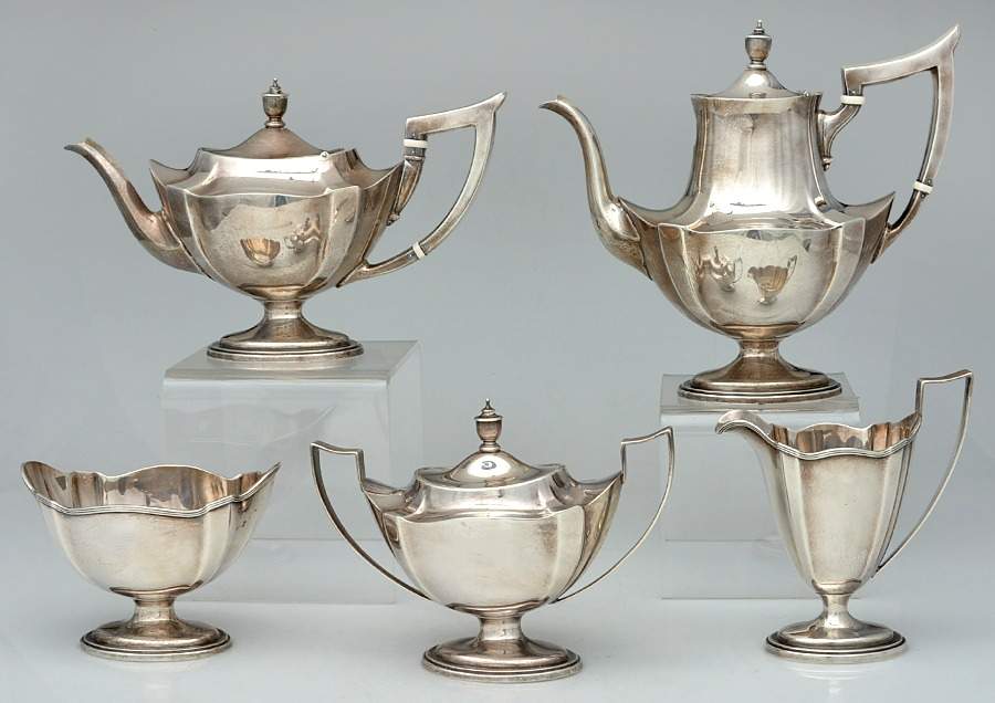 Plymouth-Large (Sterling, Hollowware) 5 Piece Tea Set (SCP2, STP2, SCR2, SSU2, SWB2) by Gorham Silver-1