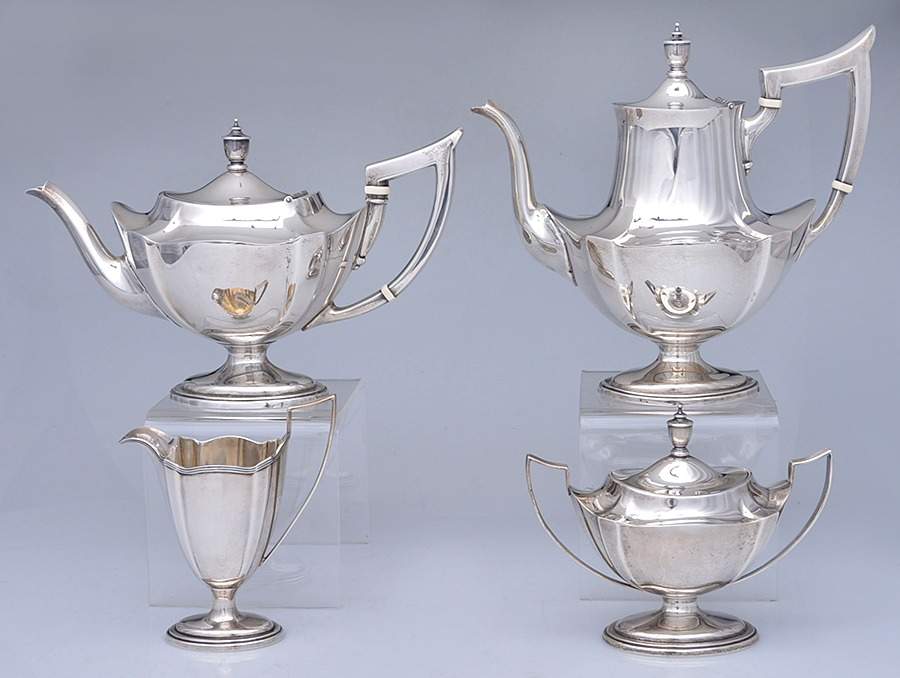 Plymouth-Large (Sterling, Hollowware) 4 Piece Tea Set (SCP, STP, SCR, SSU) by Gorham Silver-1
