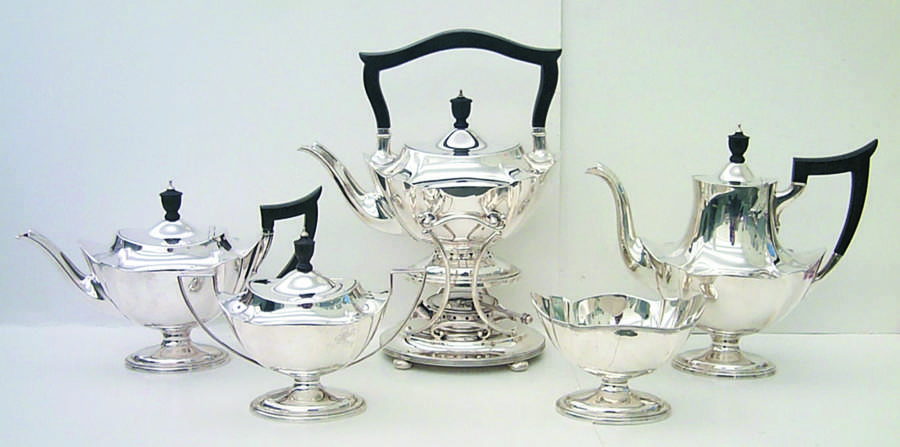 Plymouth-Large (Sterling, Hollowware) 6 Piece Tea Set (SCP1, STP1, SCR1, SSU1,SWB1, SKES1) by Gorham Silver-1