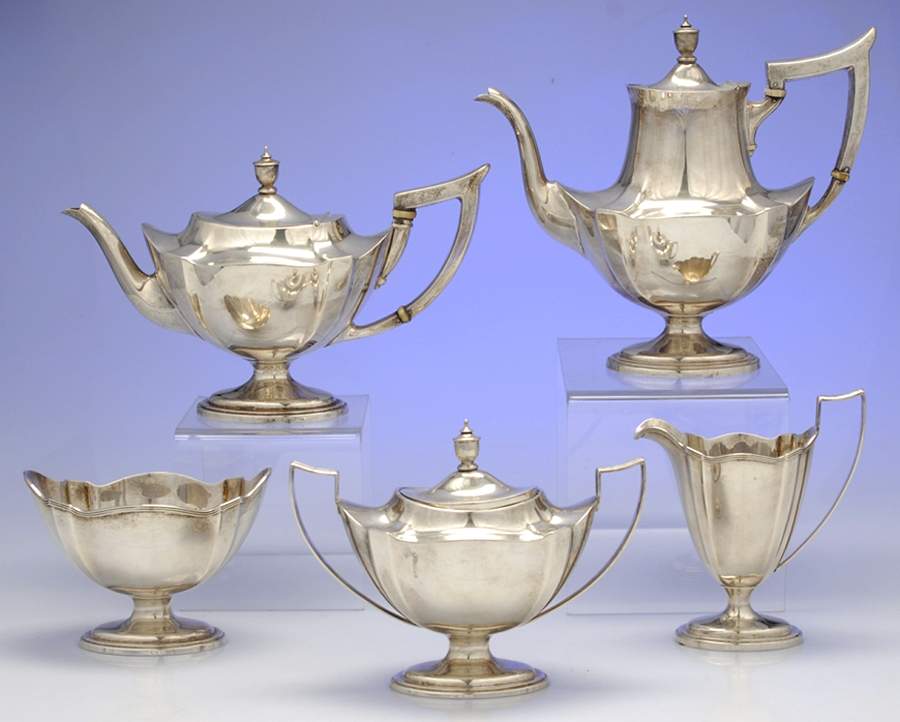 Plymouth-Large (Sterling, Hollowware) 5 Piece Tea Set (SCP, STP, SCR, SSU, SWB) by Gorham Silver-1