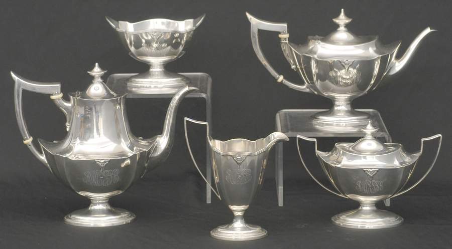 Plymouth-Large (Sterling, Hollowware) 5 Piece Tea Set (SCP*, STP*, SCR*, SSU*, SWB*) by Gorham Silver-1
