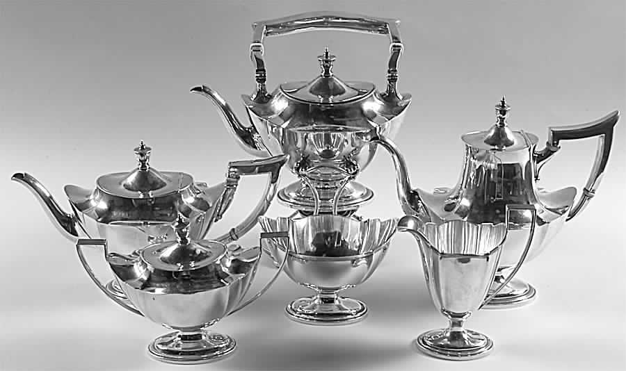 Plymouth-Large (Sterling, Hollowware) 6 Piece Tea Set (SCP, STP, SCR, SSU, SWB, SKES) by Gorham Silver-1