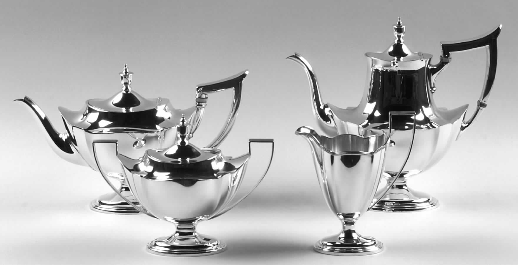 Plymouth-Large (Sterling, Hollowware) 4 Piece Tea Set (SCP, STP, SCR, SSU) by Gorham Silver-1