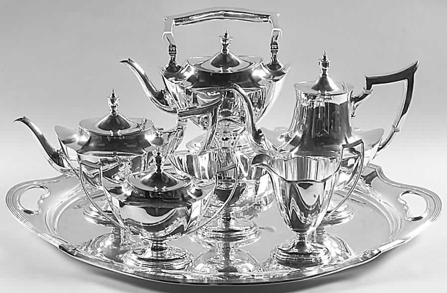 Plymouth-Large (Sterling, Hollowware) 7 Piece Tea Set (SCP, STP, SCR, SSU, SWB, SKES & WTL) by Gorham Silver-1