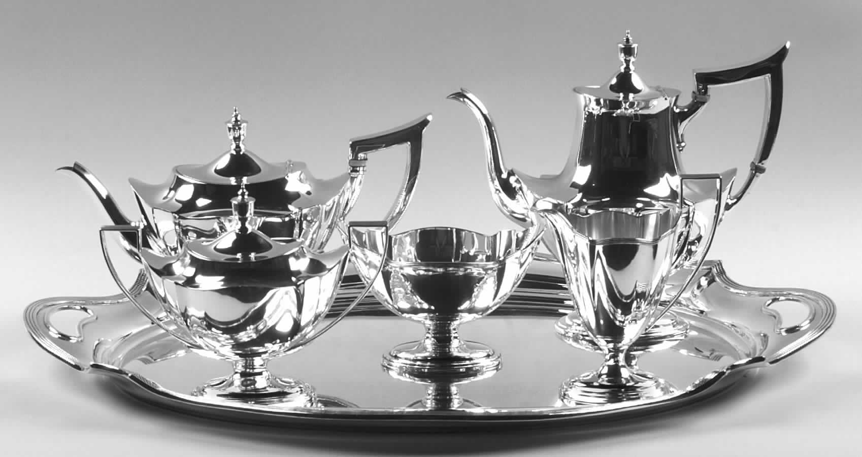 Plymouth-Large (Sterling, Hollowware) 6 Piece Tea Set (SCP, STP, SCR, SSU, SWB, PWT) by Gorham Silver-1