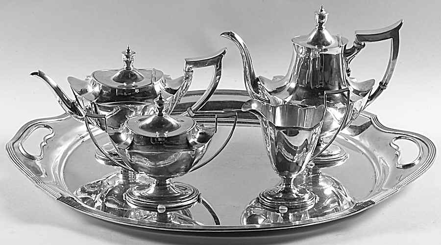 Plymouth-Large (Sterling, Hollowware) 5 Piece Tea Set (SCP, STP, SCR, SSU, WTL) by Gorham Silver-1