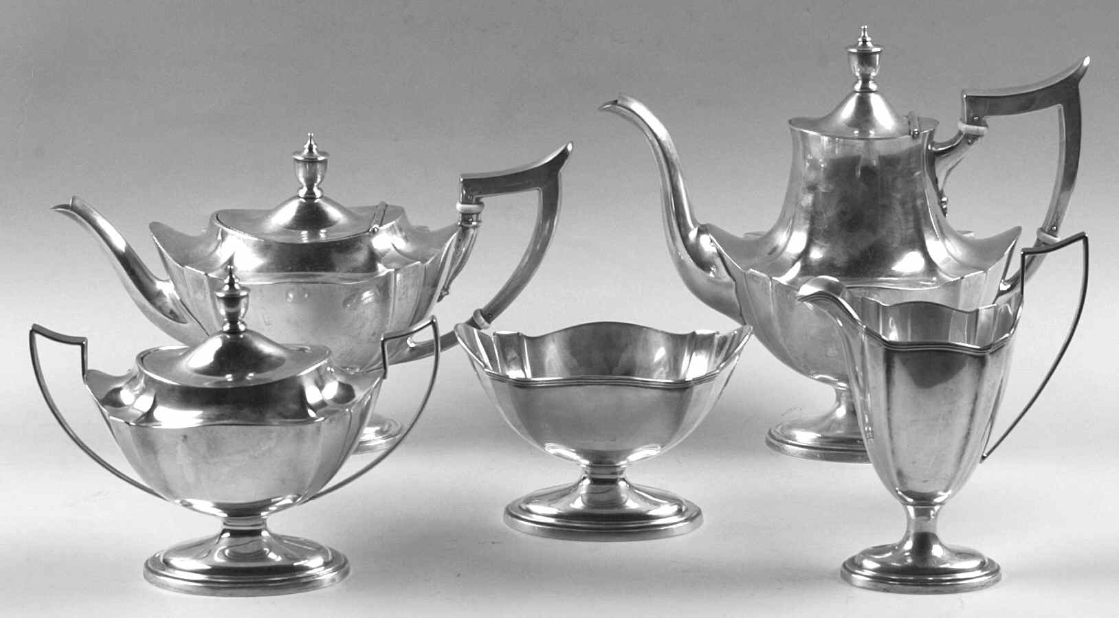 Plymouth-Large (Sterling, Hollowware) 5 Piece Tea Set (SCP, STP, SCR, SSU, SWB) by Gorham Silver-1