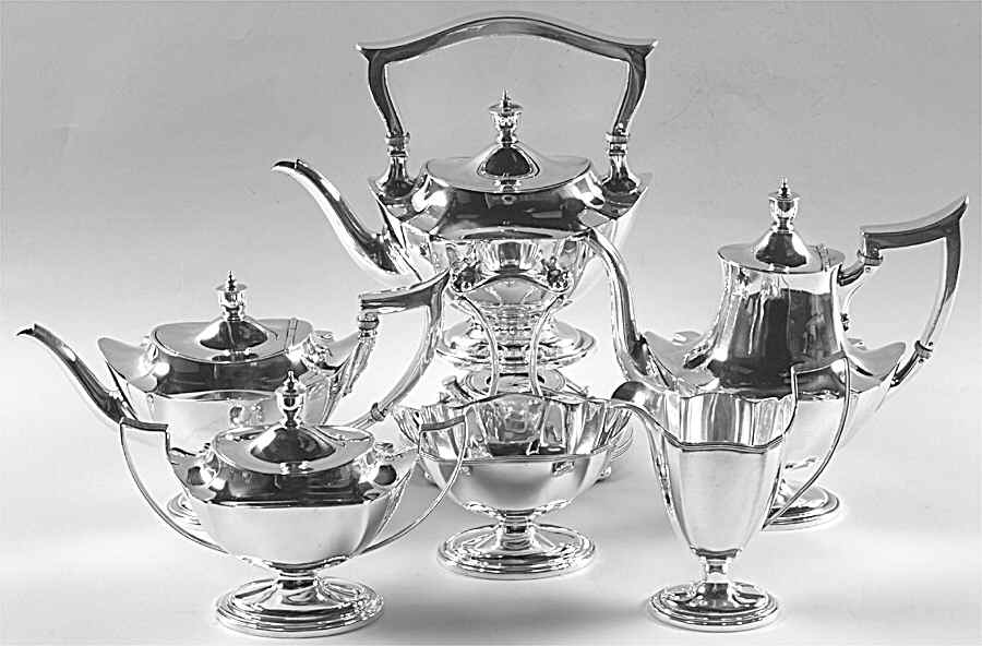 Plymouth-Large (Sterling, Hollowware) 6 Piece Tea Set (SCP, STP, SCR, SSU, SWB, SKES) by Gorham Silver-1