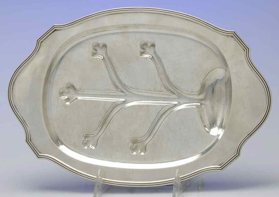 Plymouth-Large (Sterling, Hollowware) 12" 4 Toed Meat Platter with Well by Gorham Silver-1