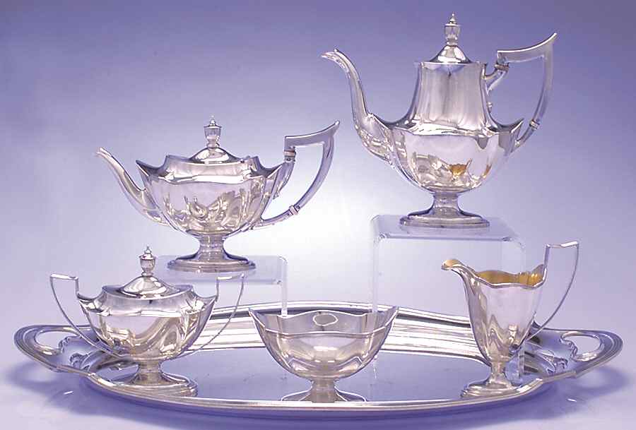 Plymouth-Large (Sterling, Hollowware) 6 Piece Tea Set (SCP, STP, SCR, SSU, SWB, WTL) by Gorham Silver-1