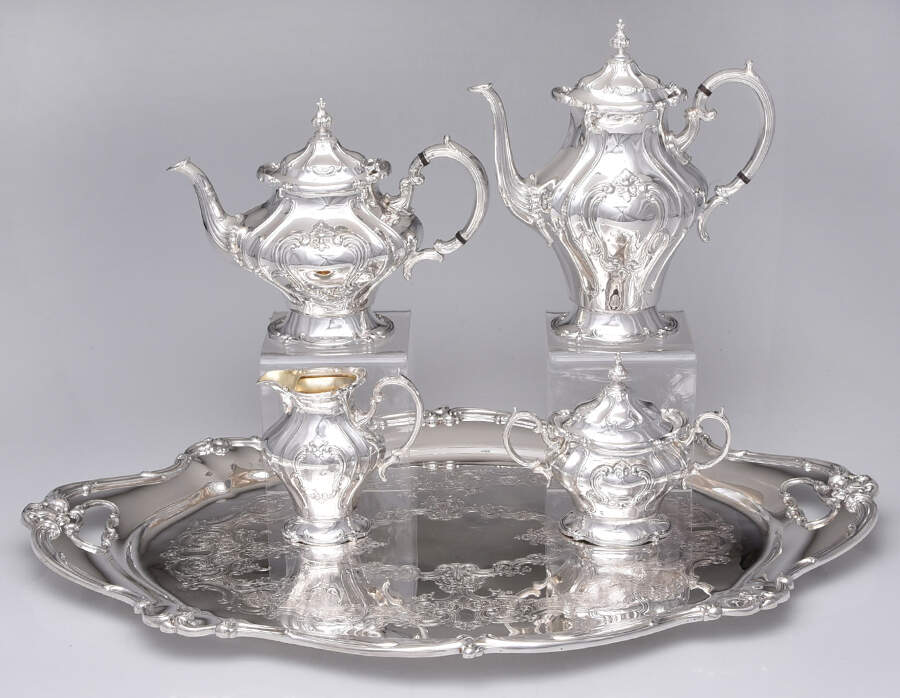 Chantilly (Silverplate, Hollowware, Older) 5-Piece Silverplate Tea Set (with Tray) by Gorham Silver-1